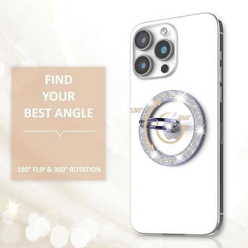 Glamorous Purple Glitter Magnetic Phone Ring Holder for Mag Safe – Secure i Phone Grip with Wireless Charging Compatibility – Elevate Usability and Style Effortlessly