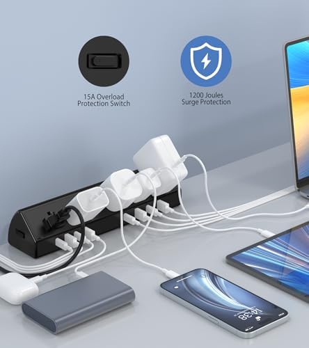 Maximize Efficiency with the 45 W Desk Clamp Charging Station – 4 PD USB-C Ports & 5 AC Outlets, ETL Listed Surge Protector for Ultimate Device Protection, 14 AWG Heavy-Duty Cord, Secure Fit for 1.9″ Tabletops (Black, 6 FT Cable) – Your All-in-One Power Solution for Home and Office