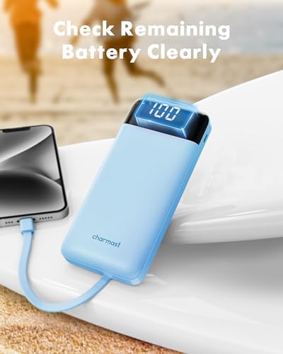 Ultra-Slim 10,000 m Ah Portable Power Bank with Built-In Charging Cables – 6 Outputs, 3 Inputs, Fast 3 A Charging for Universal Device Compatibility – Essential Travel Battery Pack for i Phone, Samsung, Google Pixel, LG, and More