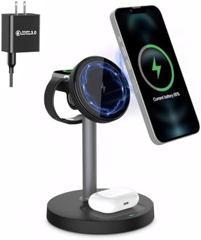 2025 Premium 3-in-1 Wireless Charging Station for i Phone 16/15/14/13/12, Apple Watch 9/Ultra 2, and Air Pods | 20 W Fast Charger with Mag-Safe Alignment, Sleek Black Bedside Dock for Enhanced Device Organization and Efficiency