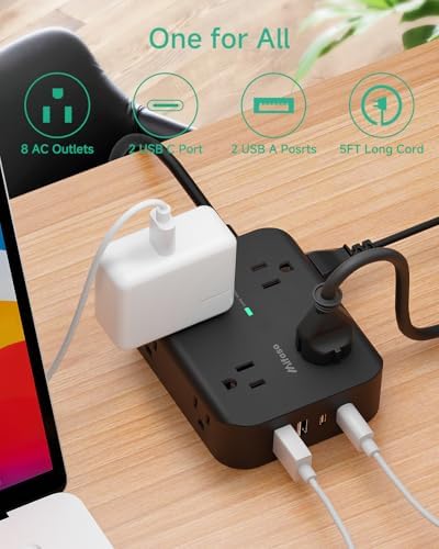 MIFASOPOWER Surge Protector Power Strip – 8 Wide Outlet Charging Station with 4 USB Ports (Including USB-C) and 5 FT Heavy-Duty Extension Cord – Space-Saving Flat Plug Design for Home, Dorm, or Office – Overload Protection & Wall-Mountable Convenience