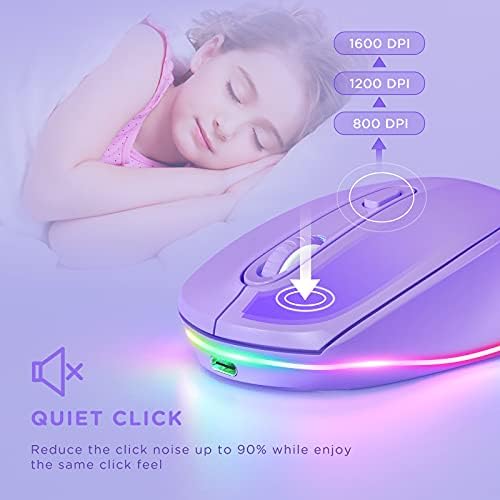 seenda Rechargeable Wireless Mouse with LED Rainbow Lights – Ergonomic, Quiet Click Design for Laptops, PCs, and Chromebooks – Perfect for Kids and Professionals Alike – Portable Purple Accessory for Enhanced Productivity and Style
