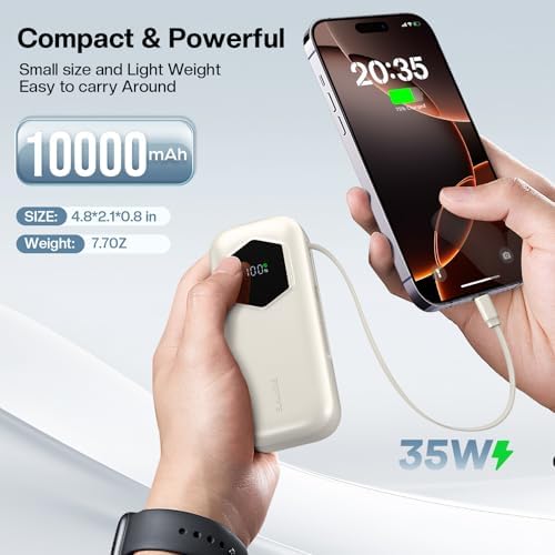 Ultra-Fast 2025 Portable Power Bank 10000 m Ah with Integrated Retractable PD Cable – 35 W Quick Charge Solution for i Phone, Samsung, Android, i Pad & Mac Book – Dual Device Charging Capability & Intelligent LED Power Indicator (Chic Blue)
