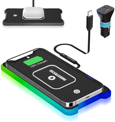 REESTECQI 15 W RGB Wireless Car Charger Pad – Fast Charging Non-Slip Mat for i Phone 12-16, Air Pods, Samsung & Google Devices with 30 CM Type C Cable – Stylish & Efficient On-the-Go Power Solution