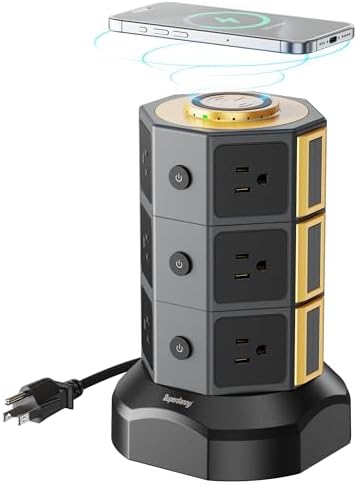 Elevate Your Charging Solutions with the SUPERDANNY Power Strip Tower – 15 W Wireless Charger and 1050 J Surge Protector with 12 AC Outlets, 6 USB Ports (Including 2 USB-C) and 6.5 ft Extension Cord – Ideal for Home Office Organization and Efficient Device Management with Elegant Wood Grain Finish