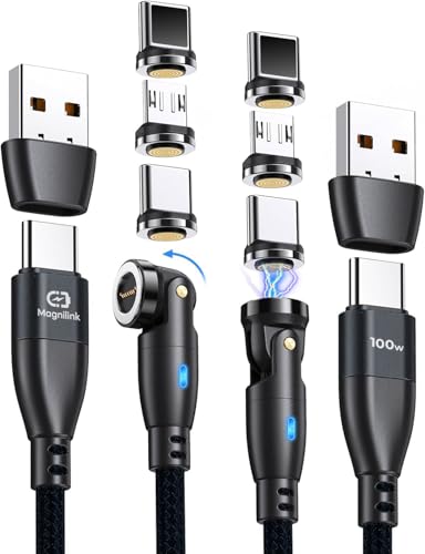 Ultra-Fast 360 PRO 100 W Magnetic USB C Phone Charger (2-Pack) – 6-in-1 Versatile Charging Cable for i-Products, Type-C & Micro USB – Durable, Compact, and Reliable Charging Solution in Onyx Black