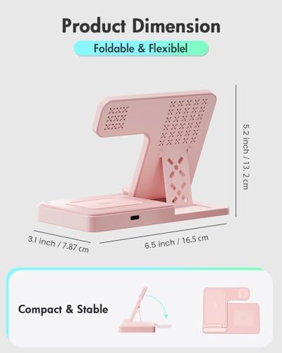 3-in-1 Wireless Charging Station for Apple Devices – Fast Charging Dock for i Phone 16, 15, 14, 13, 12, 11, Apple Watch Series 10-3, and Air Pods Pro in Chic Pink – Ultimate Convenience for Home, Office, and Travel – Overcurrent & Overheating Protection – Perfect Gift for Tech Lovers