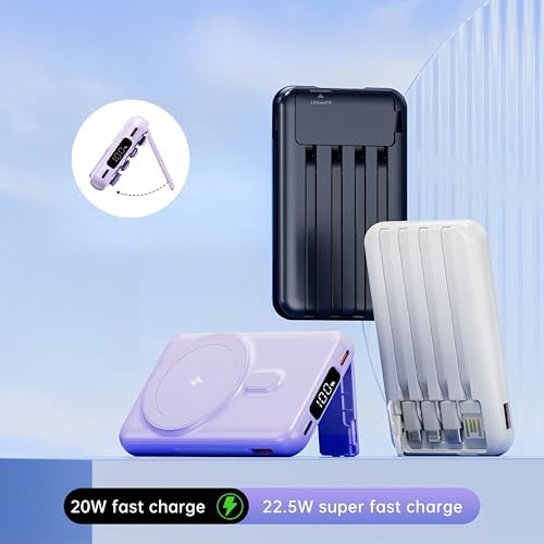RCHL Mag Safe Portable Charger with 10,000 m Ah Capacity – 5-in-1 Fast Charging Power Bank Featuring Built-in Cables, LED Display, and Foldable Stand for i Phone 16/15/14/13 & Samsung Galaxy S25/S24 – Ultimate Convenience for On-the-Go Power Solutions