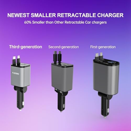 Premium Flexino Compact Retractable Car Charger for i Phone 16 – 69 W Fast Charging with Dual 2.6 ft USB C Cords | Efficient Power Adapter Compatible with i Phone 16/15/14/13/12 Series & Galaxy Devices | Sleek Grey Design for Ultimate Portability and Reduced Cable Clutter