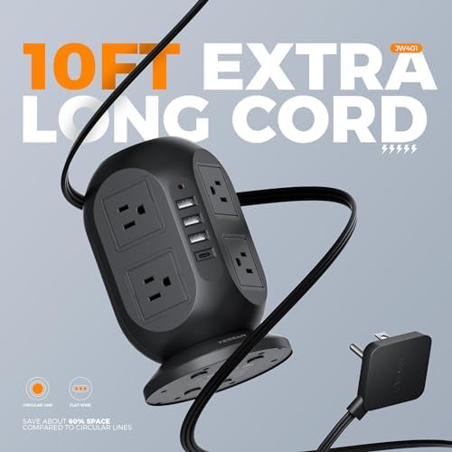 TESSAN Tower Surge Protector Power Strip – 10 ft Flat Extension Cord with 8 AC Outlets & 4 USB Ports (1 USB-C) – Compact Charging Station with Advanced Surge Protection for Home Office & Dorm Use – Optimal Device Safety & Versatile Compatibility