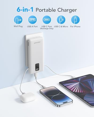 Charmast 10,000 m Ah Slim Power Bank with Integrated Cables & Fast Charging for i Phone and Samsung – Ultimate Travel Companion for On-the-Go Charging Needs with Built-in Convenience and Enhanced Device Compatibility