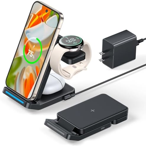 Foldable 3-in-1 Wireless Charging Station for Google Pixel Watch 1 st – 15 W Fast Charger for Pixel 9 Pro/XL, 8/7/6 Series, and Pixel Buds Pro/2 – Compact Travel Design with QC 18 W Adapter – Perfect for Home and Office Use