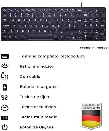 Perixx PERIBOARD-332 Compact Mini USB Keyboard – Sleek White Backlit QWERTY Spanish Layout with Silent X-Type Scissor Keys for Enhanced Typing Comfort – Perfect for Limited Desk Spaces and Effortless Plug-and-Play Setup
