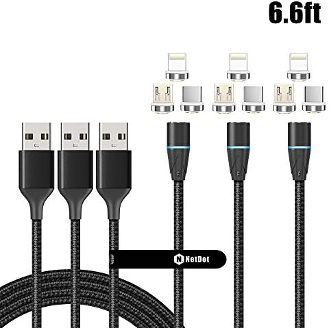 Universal 3-in-1 Magnetic Fast Charging Cable & Data Sync Solution – 6.6 ft Length (3-Pack, Black) for Micro USB, USB-C, and i-Devices – Efficient Power Delivery & Data Transfer Accessory for Home, Office, and Travel