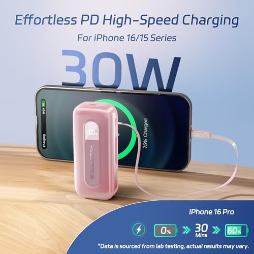 Compact 10,000 m Ah Power Bank with Retractable USB-C Cable – 30 W Fast Charging Portable Charger for i Phone 15/16, Galaxy, and i Pad – Smart LED Display for Travel Convenience and Enhanced Compatibility