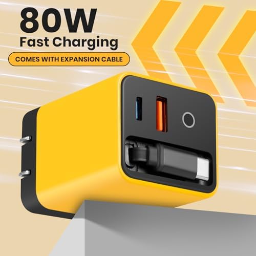 Ultimate 80 W Ga N Fast Charger Module: Versatile 3-in-1 Travel Charging Solution with Type-C Cable & Dual USB Ports for i Phone 15/14, Samsung Galaxy, Mac Book, and More – Compact & Stylish Yellow Power Hub for Maximum Device Compatibility and Speed Efficiency