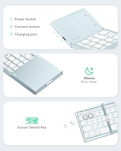 Samsers Portable Bluetooth Keyboard with Touchpad – Ultra-Slim Foldable Wireless Keyboard for Effortless Typing on Android, Windows, and i OS Devices – Rechargeable, Travel-Friendly Design with Device Holder – Black