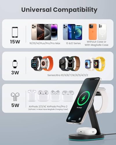 Ultimate 3-in-1 Wireless Charging Station for i Phone, Apple Watch, and Air Pods – Qi2 Certified 15 W Magnetic Charger with 30 W USB-C Adapter & Integrated Night Light – Streamlined Design for i Phone 16/15/14/13/12 – Superior Speed and Enhanced Compatibility for Modern Tech Users