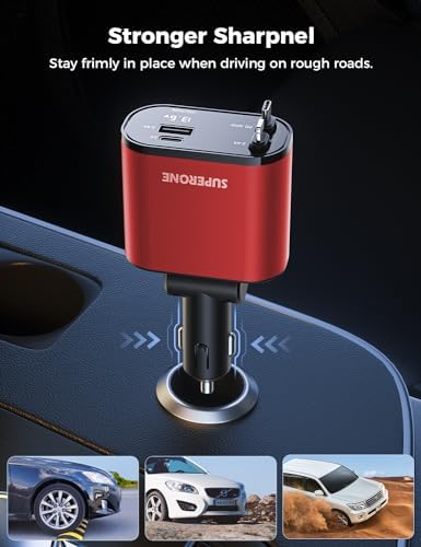 Introducing the SUPERONE 4-in-1 Retractable Fast Car Charger: Ultimate On-the-Go Charging Solution for i Phone, Galaxy & Pixel Devices – Featuring 2.6 ft Tangle-Free Cord, Enhanced USB C & Apple Compatibility, and Sleek Design for Effortless Portability. Experience lightning-fast charging to keep your devices powered during road trips or daily commutes, ensuring you’re always connected. This innovative retractable charger is engineered for maximum efficiency, accommodating a wide range of smartphones including i Phone 16, 15/15 Pro Max, 14, 13, 12, 11 and popular Galaxy and Pixel models. With its compact construction and high-quality materials, this charger not only enhances your charging experience but also withstands everyday wear and tear. Elevate your mobile charging with the SUPERONE car charger – where convenience meets cutting-edge technology for busy professionals and families on the move.