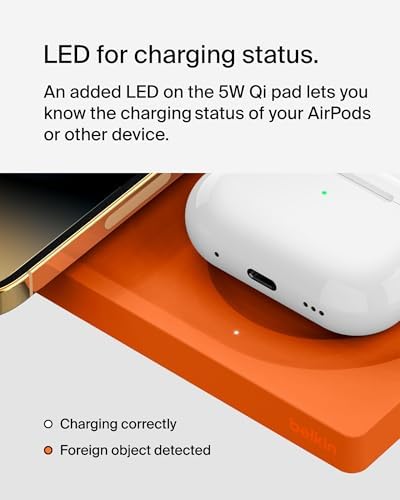 Belkin 15 W Mag Safe-Compatible 2-in-1 Wireless Charging Station – Fast Dual Device Charger for i Phone 16, 15, 14, 13 Series & Air Pods – Sleek Sand Design for Effortless Portability and Seamless Power Solutions
