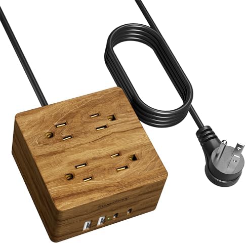 SUPERDANNY Portable USB Power Strip Surge Protector – Premium Desktop Extension Cord with 4 Spacious Outlets & 4 Advanced Smart USB Charging Ports for Home, Office, Hotel, Dorm, and RV Use – Elegant Faux Walnut Finish for Enhanced Aesthetics and Device Safety