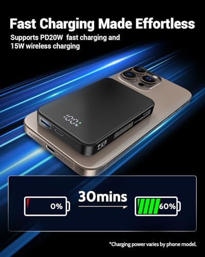 26800 m Ah Magnetic Power Bank – Premium Aluminum Alloy Portable Charger with 20 W USB-C Fast Charging for i Phone 12-16 Series, Sleek Silvery Gray, Effortless Wireless Charging for On-the-Go Power Solutions