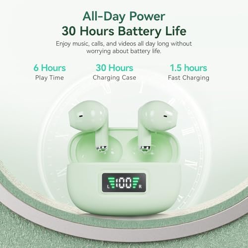 ACEMO Mint Green Bluetooth 5.4 Wireless Earbuds – Unmatched 30-Hour Playtime, Enhanced ENC Noise Cancelling Mic, Immersive Deep Bass, LED Charging Case, IPX5 Waterproof Design – Perfect for i OS, Android, Laptops – Stylish Comfort for Active Lifestyles