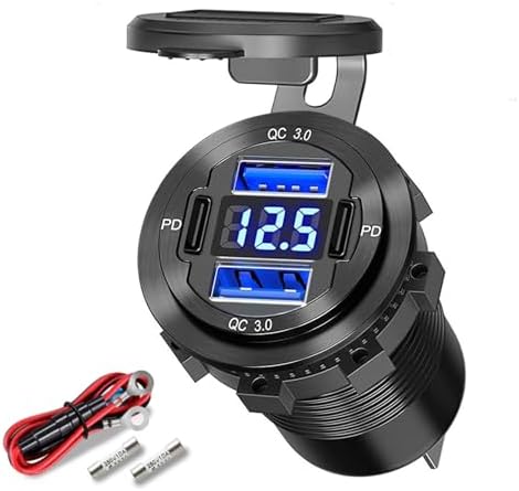 12 V Dual QC3.0 & PD3.0 USB C Car Charger Socket with Voltmeter – Waterproof Aluminum Alloy Quick Charge Power Adapter for Vehicles, Boats, RVs, and More – Ultimate Fast Charging Solution for Smartphones and Devices