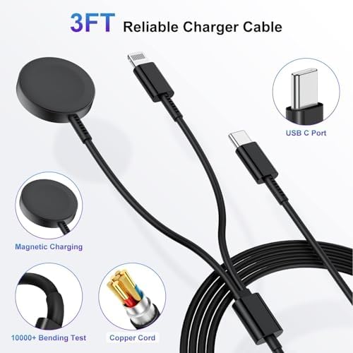 Revolutionary 2-in-1 USB C Charger for Apple Watch & i Phone – 6 FT Magnetic Fast Charging Cable with USB-C Wall Adapter – Compatible with Apple Watch Series 8/7/6/SE/5/4 & i Phone 14/13/12 – Ultimate Convenience & Enhanced Durability for On-the-Go Charging Solutions
