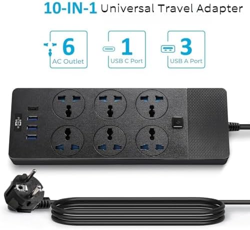 Jumpso 3000 W Universal Power Adapter with 4 Fast-Charging USB Ports (1 USB-C) – 6 ft Heavy-Duty Extension Cord for Global Travel & Home Office Use – Versatile Power Strip with International Outlets, Safe Overload Protection, and Sleek Design for Effortless Device Connectivity