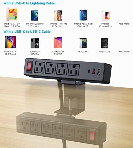 Ultimate Under-Desk Power Management Hub: Dual Layer Desk Clamp Surge Protector with 10 AC Outlets & 3 Fast USB Ports (20 W USB-C), 6 Ft Extension Cord for Efficient Office & Home Charging – ETL Listed for Enhanced Safety and Reliability