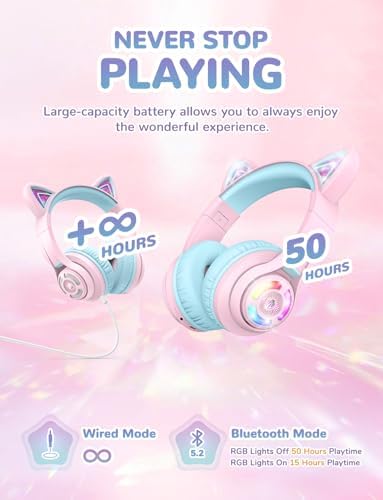 Magical Cat Ear Bluetooth Headphones for Kids – Mesmerizing Gradient Pink with LED Glow, 50-Hour Battery Life, Safe 74/85 d BA Volume Limiting, Superior Bluetooth 5.2 Connectivity & Rapid USB-C Charging for Ultimate Travel Convenience and Enjoyment