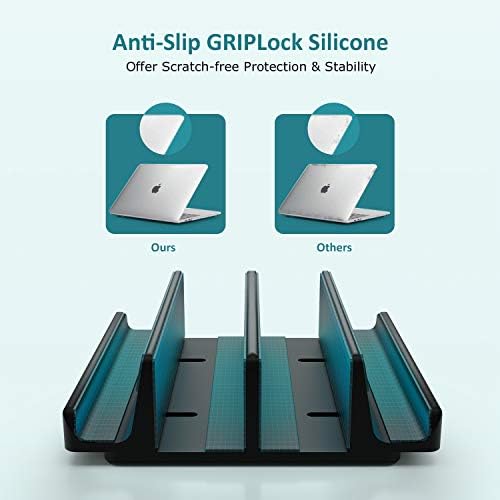 Transform Your Workspace with SPACEMax Premium Vertical Laptop Stand – Adjustable Aluminum Holder for Laptops Up to 17.3” Featuring Advanced Anti-Tip GRIPLock Technology – Versatile 4-Slot Design for Tablets and Phones – Elegant Silver Finish for a Modern Desk Aesthetic – Enhance Your Workflow Efficiency and Posture with Lightweight, Durable Construction