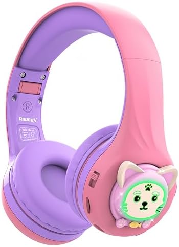 Riwbox CB-7 S Wireless Kids Headphones – Safe & Stylish Audio for Young Listeners with Adjustable Volume Control (74/85/95 d B), LED Glow Lights, 50 Hours of Playtime, Bluetooth 5.3 Connectivity, Built-in Microphone & TF Card Slot for School, Travel, and Home Use (Pink & Green) – Ideal for Active Lifestyles