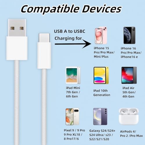 10-Foot USB C to USB C Fast Charging Cable – Durable Nylon Braided Charger for i Phone 15 Pro Max, Mac Book, i Pad, and Samsung Galaxy – Enhanced Speed & Universal Compatibility for Effortless Charging and Data Transfer
