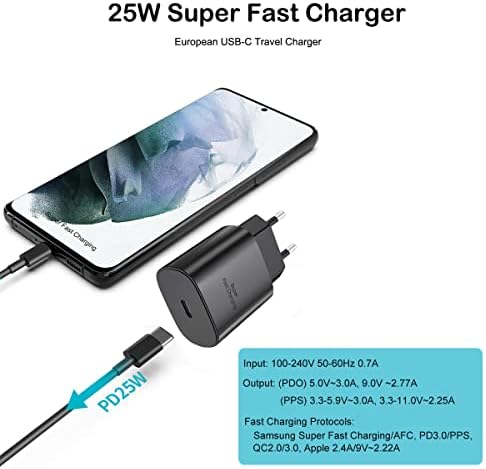 25 W European USB Type C Fast Charger with 6.6 ft Cable – Ideal for Samsung Galaxy & i Phone – Compact Travel Adapter with PD/PPS Technology for High-Speed Charging Across Europe – Universal Compatibility for Quick Power Solutions