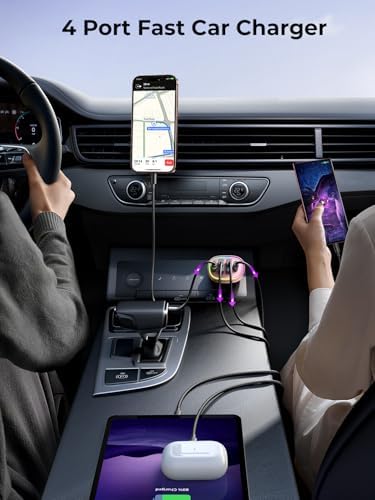 90 W 4-Port USB C Car Charger for i Phone 16/15/14/13/12 Pro Max – Fast Family Travel Charging Solution – Sleek Pink Cigarette Lighter Adapter for Multiple Devices – Ultimate On-the-Go Power for Road Trips and Adventures