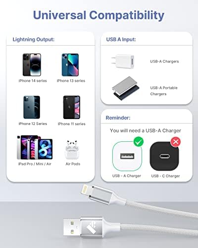 Aioneus 1 ft Apple Certified Lightning Cable – High-Speed USB A to Lightning Charger for i Phone 14/13/12/11 Pro Max/XR/XS/8/7 Plus/6/SE – Durable Nylon Braided Design for Tangle-Free Portability and Enhanced Charging Efficiency
