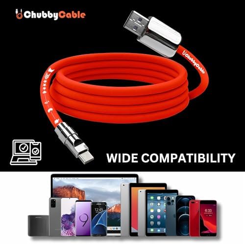 chubbycable Mirrored Head Chubby – 240W Fast Charging Cable Ultra-Thick Silicone USB C Cable Phones Tablets C to C Charger Cord, Red, Type-C to Type-C, 3.3FT – Enhanced Compatibility and Speed