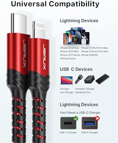 JSAUX 6 FT USB C to Lightning Cable – Apple MFi Certified Fast Charging Cord for i Phone 14/13/12 Series – Durable Braided Nylon, Tangle-Free Design, Vibrant Red – Optimal Compatibility & Speed for Seamless Connectivity