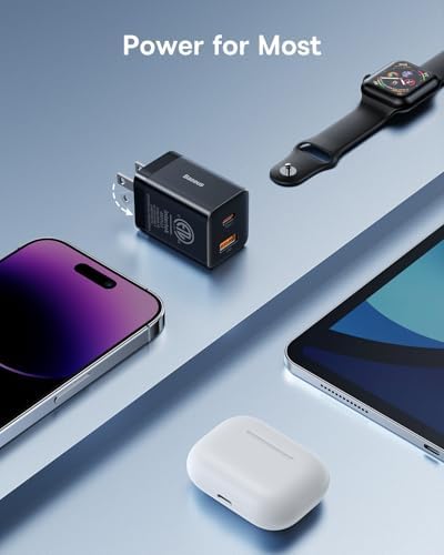 Baseus 30 W Dual Port USB C PD Charger Block – Ultra-Fast Charging Solution with Foldable Plug for i Phone 15 Series, i Pad Pro, Samsung Galaxy, and Pixel 6 – Compact Design for Travel and Home Use, Enhanced Safety Features for Reliable Performance