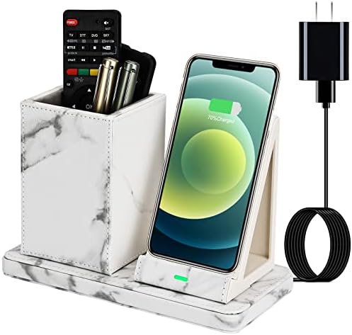 Sleek Marble Finish Wireless Charging Station with Desk Organizer – Fast Qi-Certified Charger for i Phone 13/12/11 Series, Effortless Device Power-Up & Luxurious Leather Accents for an Organized Workspace