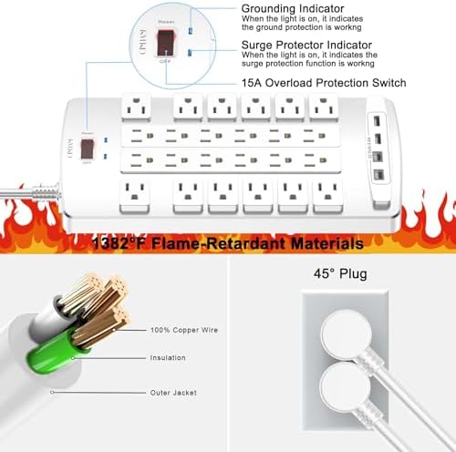 Ultimate QINLIANF Surge Protector Power Strip – 6 Ft Heavy-Duty Extension Cord with 24 Versatile Outlets and 4 High-Speed USB Ports (2 USB-C), 1875 W/15 A Capacity, 4100 J Surge Protection for Home, Office, and Dorm Use – ETL Certified for Maximum Safety and Reliability