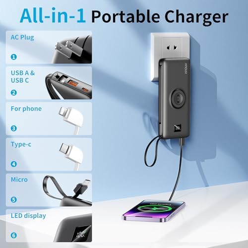 Revolutionize Your Charging Experience with ANOUV 10,000 m Ah Portable Power Bank – Built-in Cables & AC Plug for Fast, On-the-Go USB-C Charging, Compatible with i Phones and All Smart Devices – LED Display for Real-Time Battery Monitoring – The Ultimate Travel Essential for Efficiency and Convenience