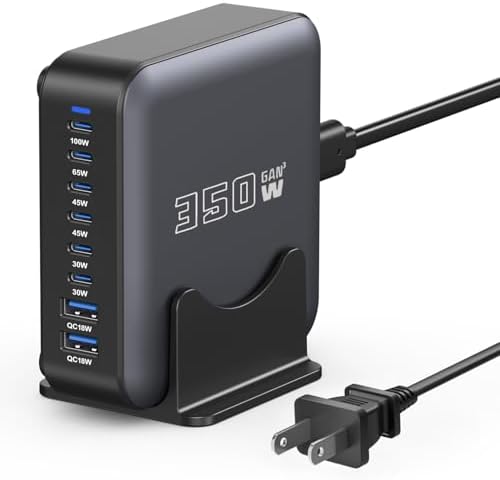 Ultimate 350 W Ga N USB C Charging Station Hub – 8-Port Fast Charger for Smartphones, Tablets, and Laptops | PD100 W & 65 W Outputs | Universal Compatibility with Samsung, i Phone, Google, Mac Book Pro/Air | Compact Design for Home & Office Use | Enhanced Energy Efficiency