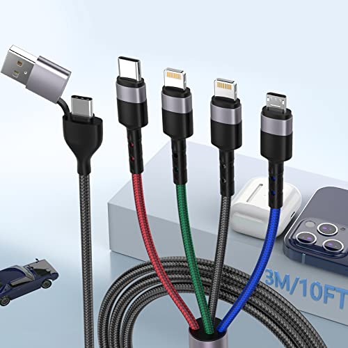 10 Ft 6-in-1 Universal Charging Cable – Premium Nylon Braided USB A, Type C & Lightning Adapter for Android & i Phone – High-Speed Sync for Samsung, Huawei, and More – Versatile Multi-Device Connection Solution