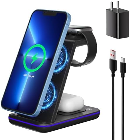 Ultimate 3-in-1 Wireless Charging Station for i Phone, Apple Watch, and Air Pods – Fast Charge with Ergonomic Design, Enhanced Compatibility, and Safety Features for Home, Office, and Travel Use