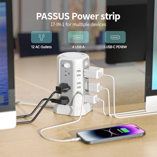 Maximize Power Distribution with the PASSUS Surge Protector Tower – 12 AC Outlets, 5 USB Ports Including 18 W USB C, 10 FT Extension Cord, Space-Saving Flat Plug, Overload Protection for Home and Office Use – Ideal for Multiple Devices and Rapid Charging Solutions