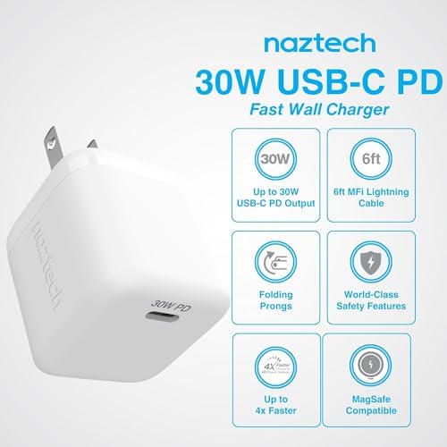 Naztech 30 W USB-C PD Fast Wall Charger with 6 ft MFi Certified USB-C to Lightning Cable – Optimal Charging Solution for i Phone, Android & Laptops – Travel-Friendly Power Delivery Adapter in Sleek White Finish – Rapid Charging Meets Durability