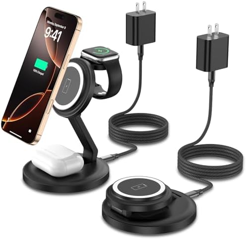 Revolutionary 3-in-1 Magnetic Wireless Charging Station for Apple Devices – Fast & Portable Charging Dock for i Phone, Apple Watch & Air Pods, Includes PD Adapter & USB-C Cable – Ideal for Home, Office & Travel – Enhanced Stability & Safety Features